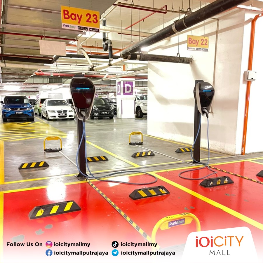 Several electric vehicle charging stations can be found in IOI City Mall Putrajaya. Photo credited to IOI City Mall Facebook.
