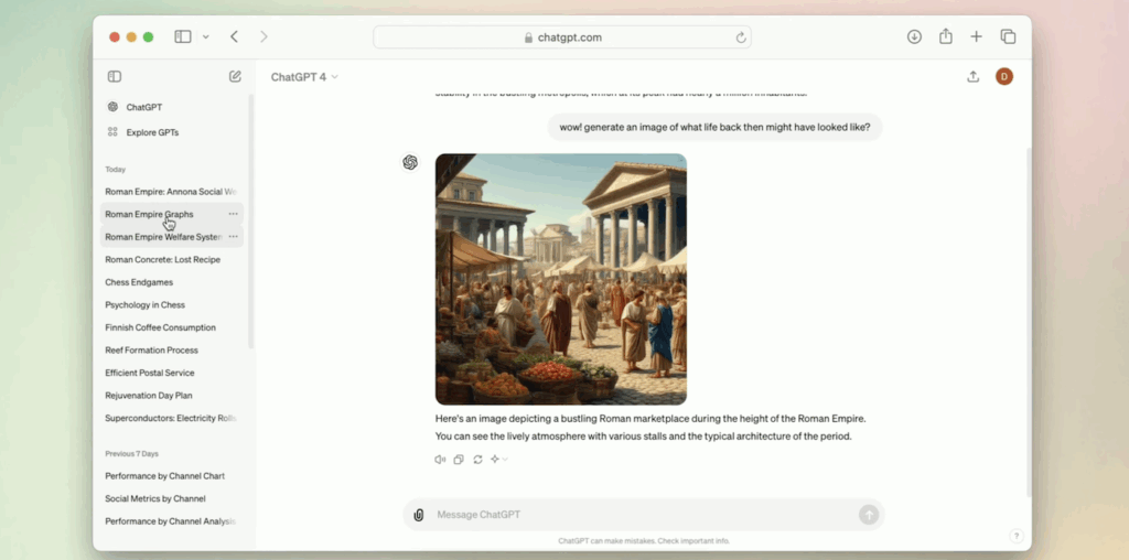Released in March 2023, GPT-4 brought multimodal image input and strong multilingual performance, enabling ChatGPT to analyze charts, describe photos, and answer across languages.