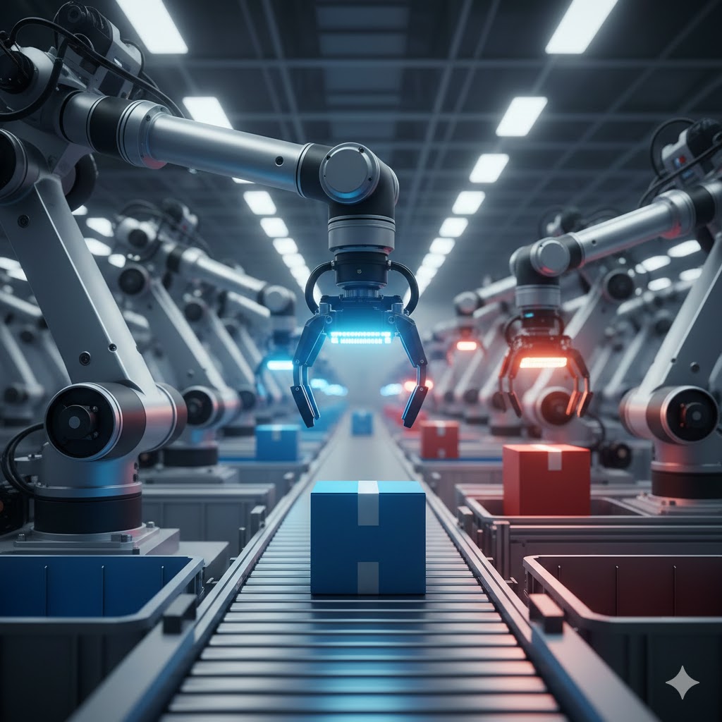 An example of Reactive Machine are industrial sorting robots, which use sensors to instantly identify and move colored boxes on a conveyor belt without storing any memory of previous tasks.