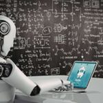 A white humanoid robot sits at a desk, typing on a laptop in front of a massive blackboard covered in dense, complex mathematical equations, scientific diagrams, and chemical formulas. The laptop screen shows a "Chat Bot" interface. This image serves as a visual metaphor for the immense processing power of artificial intelligence and its potential to generate vast amounts of data. However, it also illustrates the text's warning: just as a blackboard can be cluttered with errors, a bot can "invent" an AI citation. The image emphasizes that while technology can navigate complex science, the researcher must remain the final authority to verify sources and ensure academic integrity.