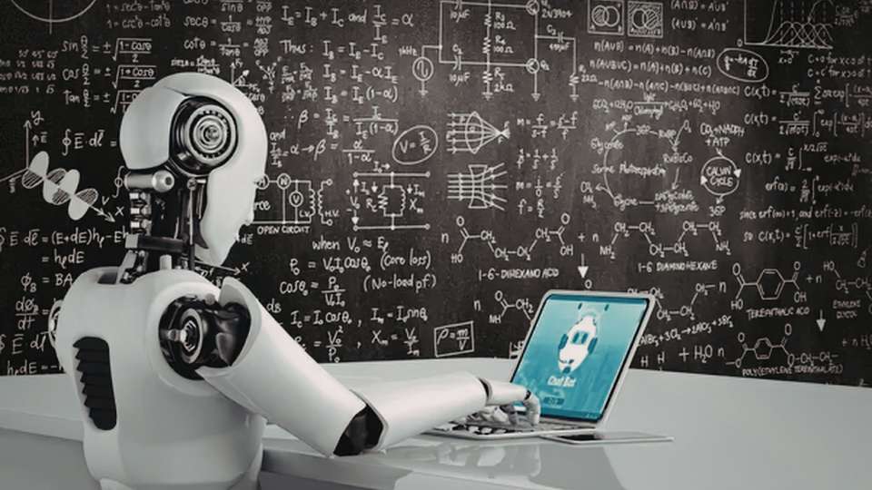 A white humanoid robot sits at a desk, typing on a laptop in front of a massive blackboard covered in dense, complex mathematical equations, scientific diagrams, and chemical formulas. The laptop screen shows a "Chat Bot" interface. This image serves as a visual metaphor for the immense processing power of artificial intelligence and its potential to generate vast amounts of data. However, it also illustrates the text's warning: just as a blackboard can be cluttered with errors, a bot can "invent" an AI citation. The image emphasizes that while technology can navigate complex science, the researcher must remain the final authority to verify sources and ensure academic integrity.