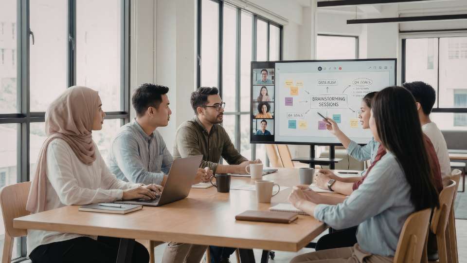 A diverse research dream team collaborating in a modern conference room, conducting a hybrid brainstorming session with remote members on a large smart screen.