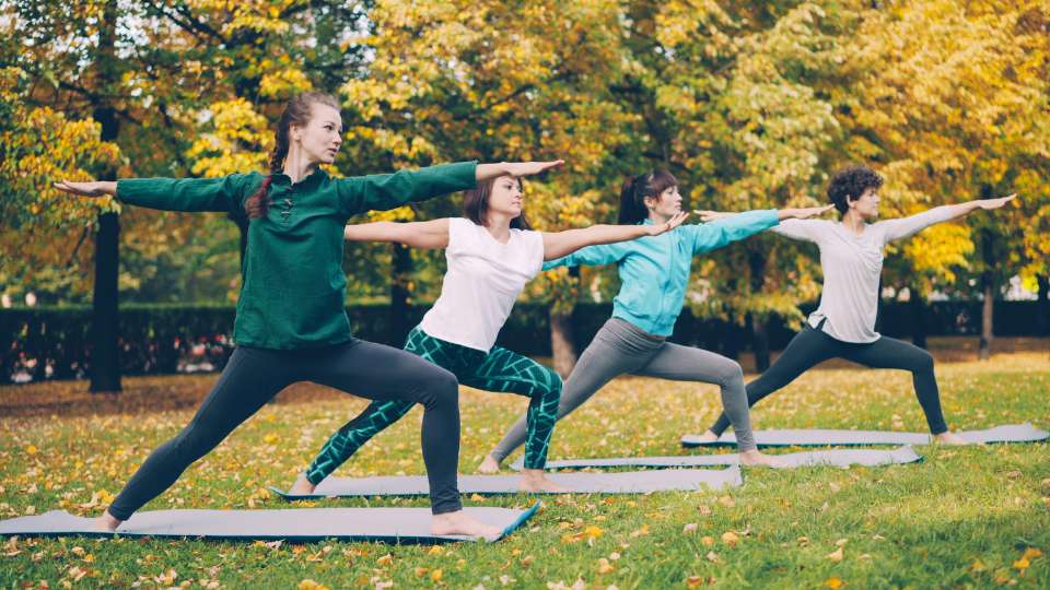A group of women practice yoga in a park, symbolizing the importance of social outlets in research to reduce intellectual isolation.