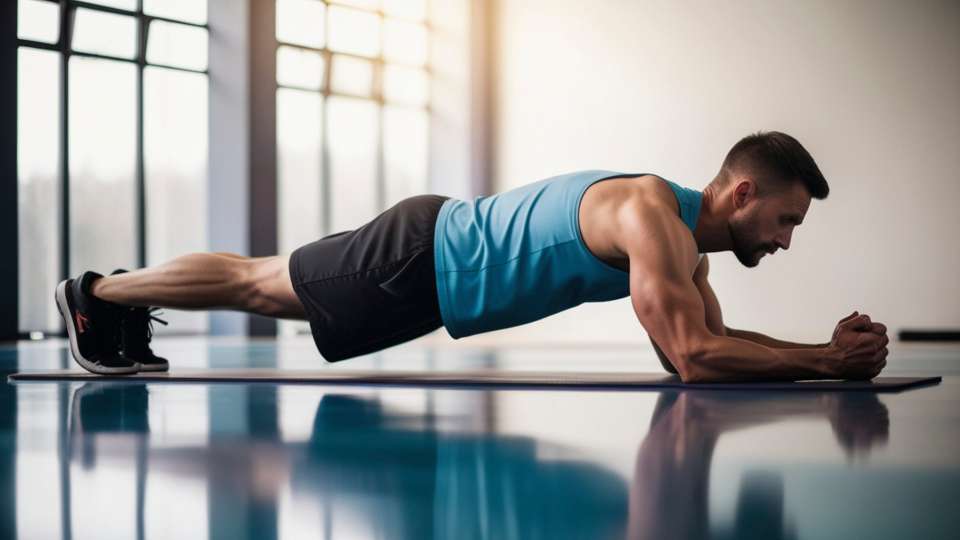 A man in athletic wear holds a steady plank position on a mat in a bright gym. This visual represents the time-efficient nature of HIIT, illustrating how short, intense workouts provide a perfect solution for stress management during a busy research schedule.