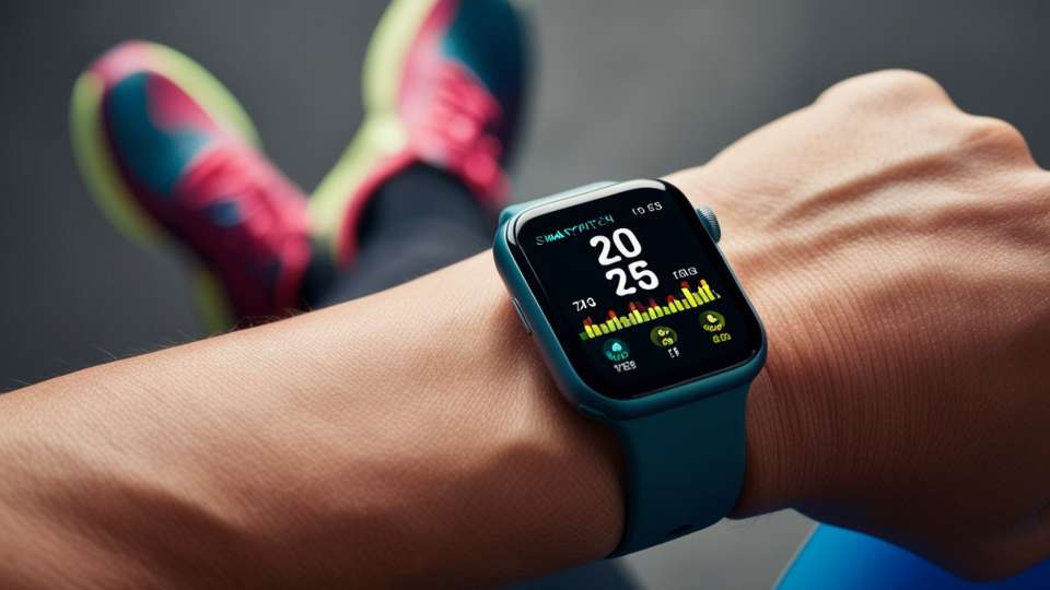 A close-up of a smartwatch on a wrist displaying fitness data, with colorful running shoes in the background. This image highlights the importance of monitoring health metrics to build academic stamina and improve mastering time management skills.