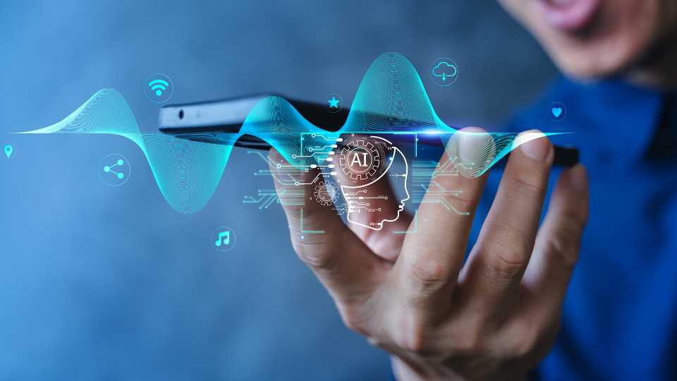 A person holds a horizontal smartphone displaying dynamic blue and green soundwave graphics, an AI brain icon, and cloud connectivity symbols, underneath the heading text "7. Expand Your Reach with Real-Time Translation".