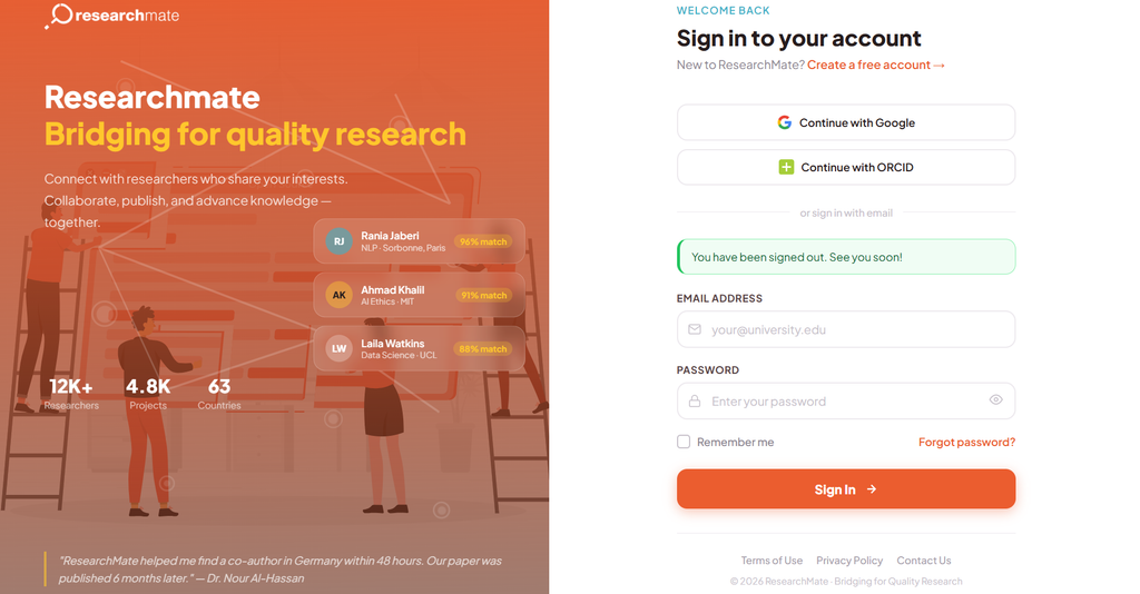 An interface of Sign Up/ Login Page of Researchmate.net