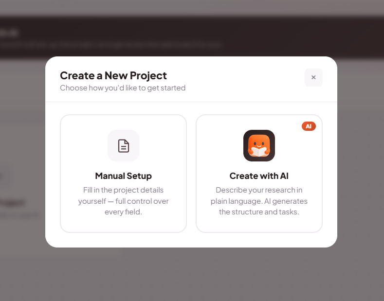 An interface showing the options between manual and AI setup to create a new project.