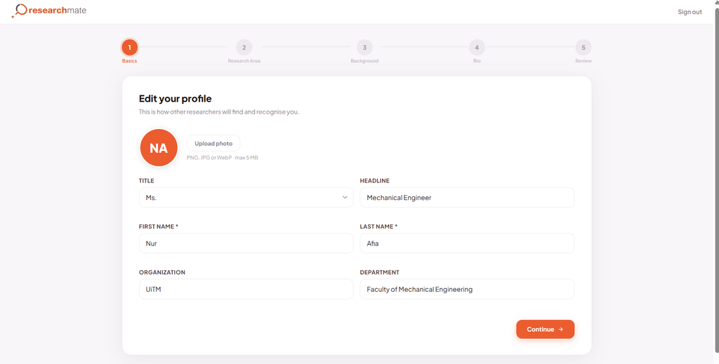 The Researchmate profile setup interface showing the 'Basics' step, which includes form fields for the user's name, organization, department and a professional headline designed to attract potential researchers for collaboration.