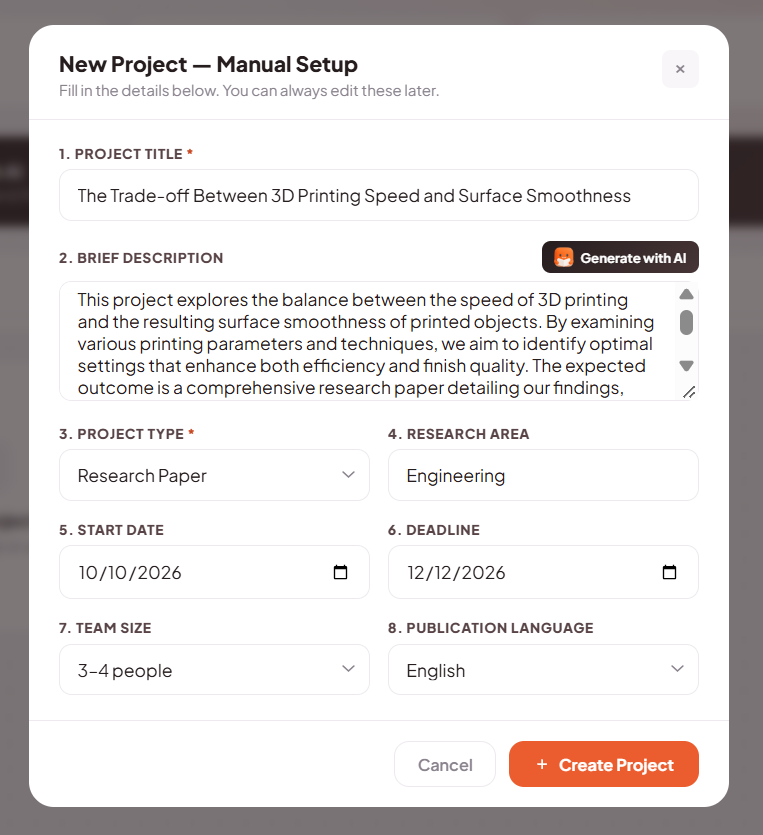 The manual setup interface for creating a new project in Researchmate.net