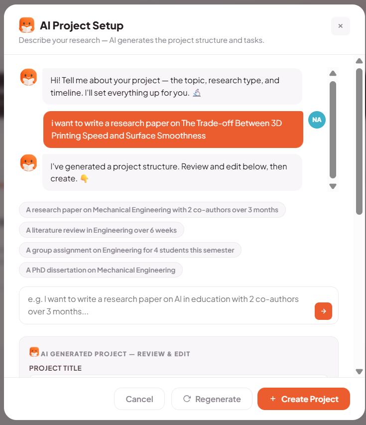 This interface demonstrates how easily you can set up a new project using the AI tool in Researchmate.net