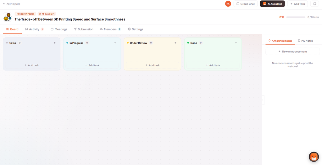 An interface showing Researchmate's project board with columns for To Do, In Progress, Under Review, and Done.