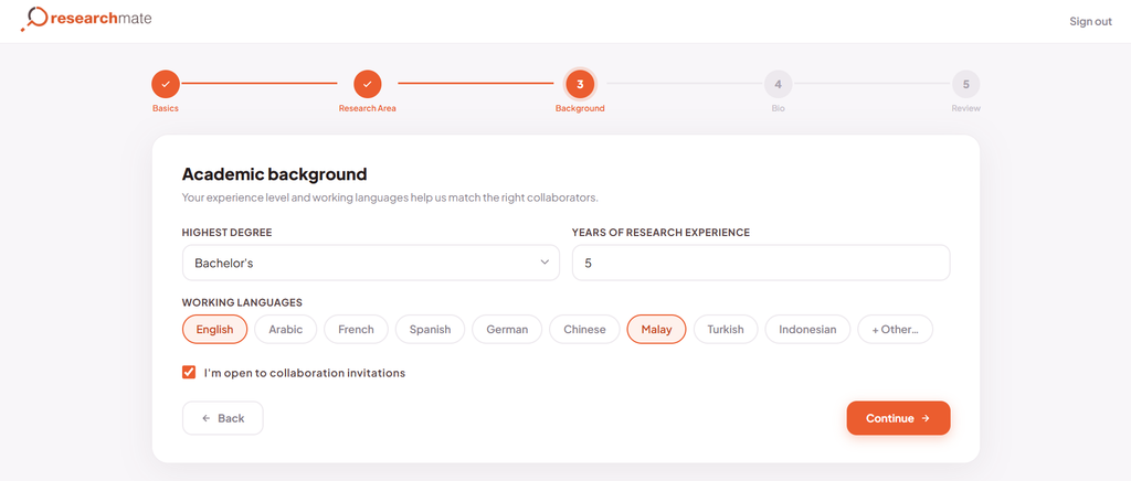 The 'Academic background' step of the profile setup, displaying fields for highest degree, years of research experience, and working languages.