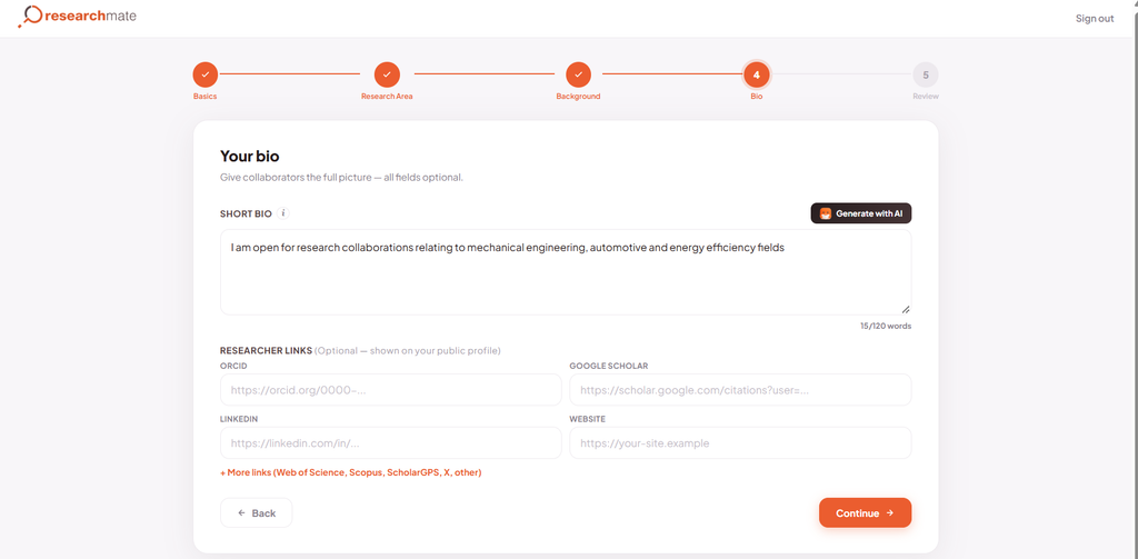 The 'Your Bio' step in the Researchmate profile setup, displaying a manually written short bio alongside optional fields to link external researcher profiles like ORCID and Google Scholar.
