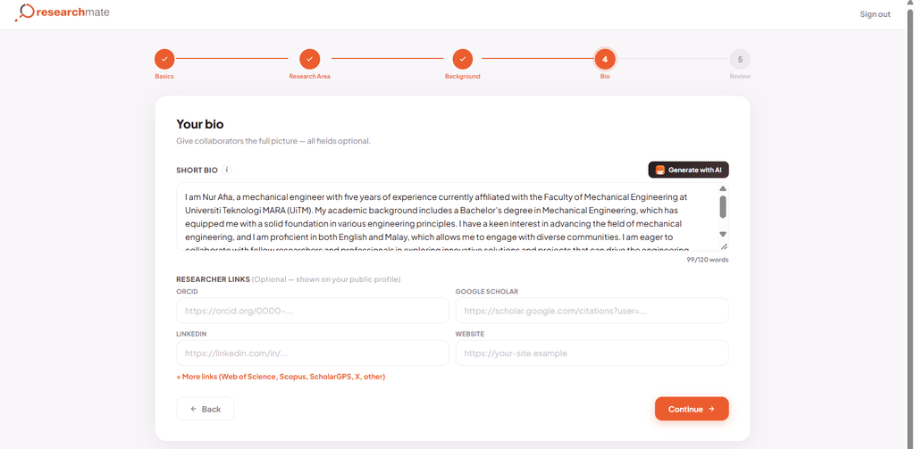 Profile setup screen displaying a detailed short bio generated by AI, ready for the user to review and edit