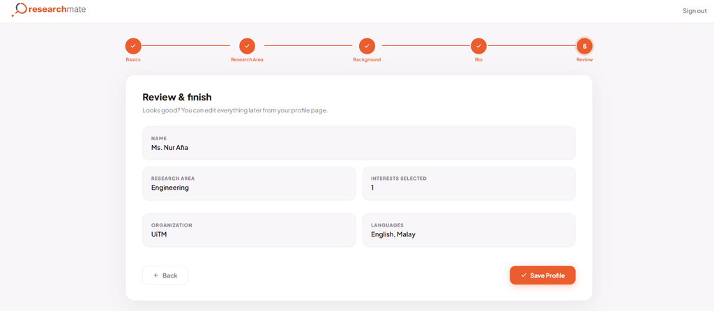 An interface showing the 'Review & Finish' step of the profile setup, displaying a summary of the user's details and a 'Save Profile' button.