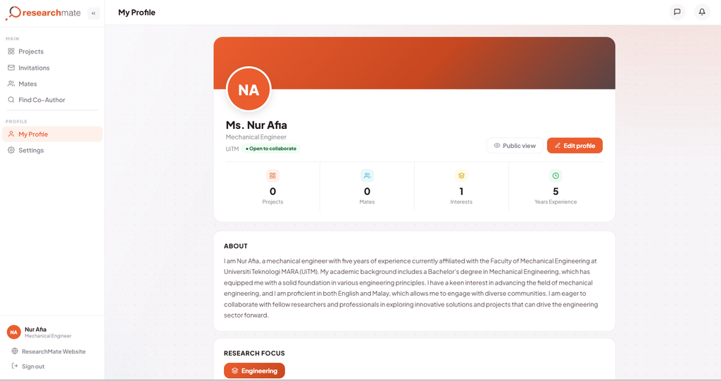 An interface showing how the Researchmate.net's My Profile dashboard looks like.