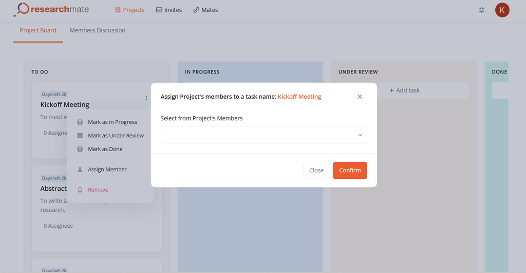 A screenshot of Researchmate.net's Project Board where users can explicitly assign project members to individual tasks.