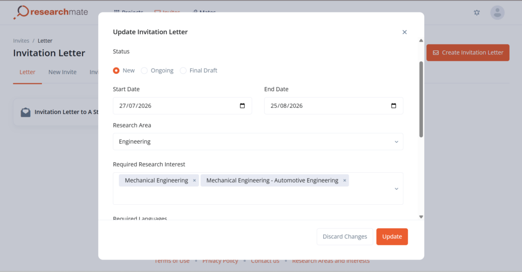 The Invitation Letter form on Researchmate.net, where project leads specify their Research Area and Required Research Interests to target and connect with collaborators sharing similar academic focus.