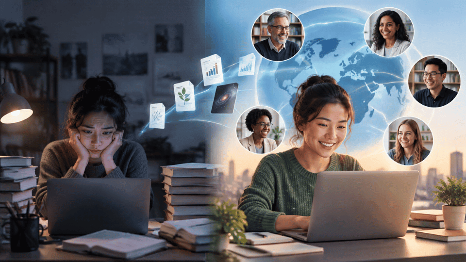 A split image showing an exhausted researcher struggling with a laptop and stacks of paper on the left, contrasted with a smiling researcher on the right effortlessly connecting with global experts via digital profile holograms emanating from her laptop.
