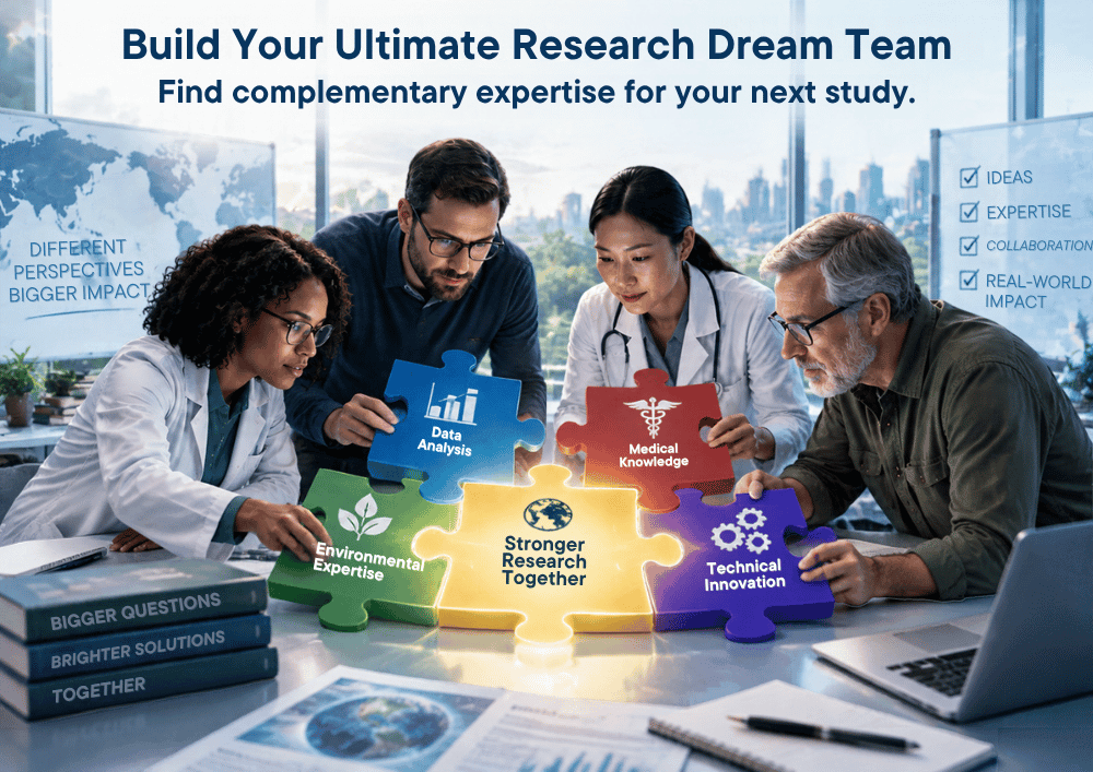 Four researchers at a table assembling large, glowing jigsaw puzzle pieces labeled Data Analysis, Environmental Expertise, Medical Knowledge, and Technical Innovation that snap together to read "Stronger Research Together."