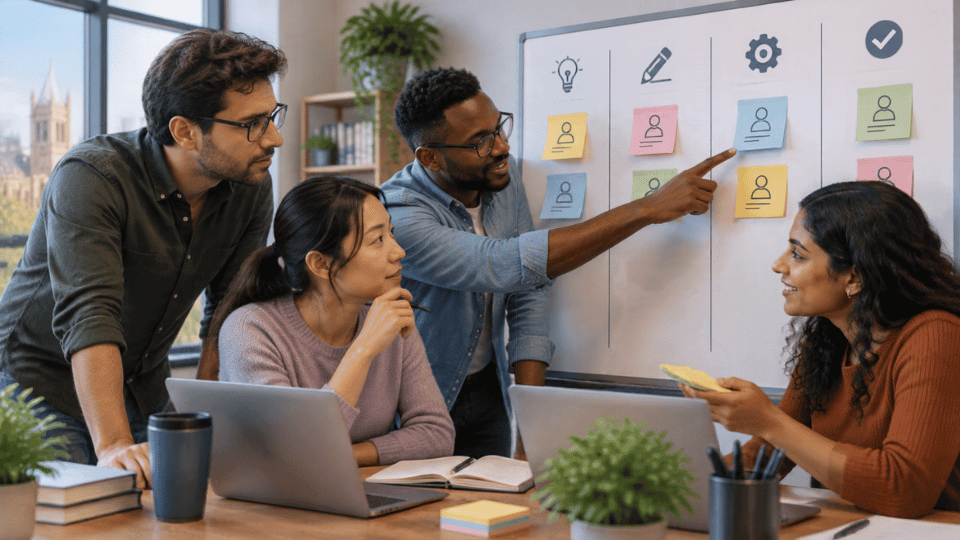 Four researchers standing around a whiteboard, actively organizing colorful sticky notes. The board is divided into columns for ideas, drafting, active work, and completion, demonstrating clear and transparent task management.