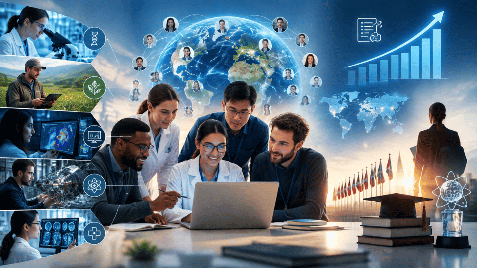A diverse team of five researchers collaborating around a laptop. On the left, individual panels show scientists from different disciplines connecting to the central team. Above them, a glowing globe displays a worldwide network of linked profile pictures. On the right, a glowing upward-trending bar chart symbolizes rising citations, alongside academic books and a graduation cap in the foreground.