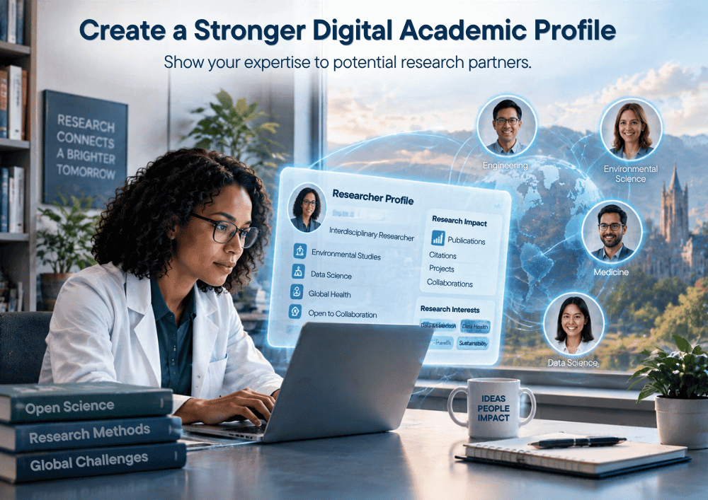 A female researcher working on her laptop with a futuristic, holographic researcher profile floating above the screen, displaying her interdisciplinary skills, publications, and digital connections to global experts.