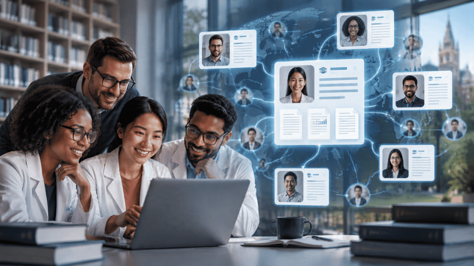 Four scientists collaborating around a laptop. A digital projection shows a central researcher profile linked to various other digital profiles across a global map, representing an interconnected academic network.