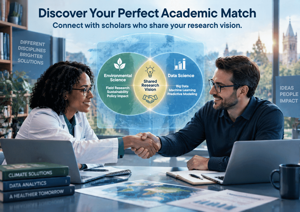 A female and male researcher shaking hands across a desk. Between them is a digital Venn diagram showing the intersection of Environmental Science and Data Science merging into a Shared Research Vision.