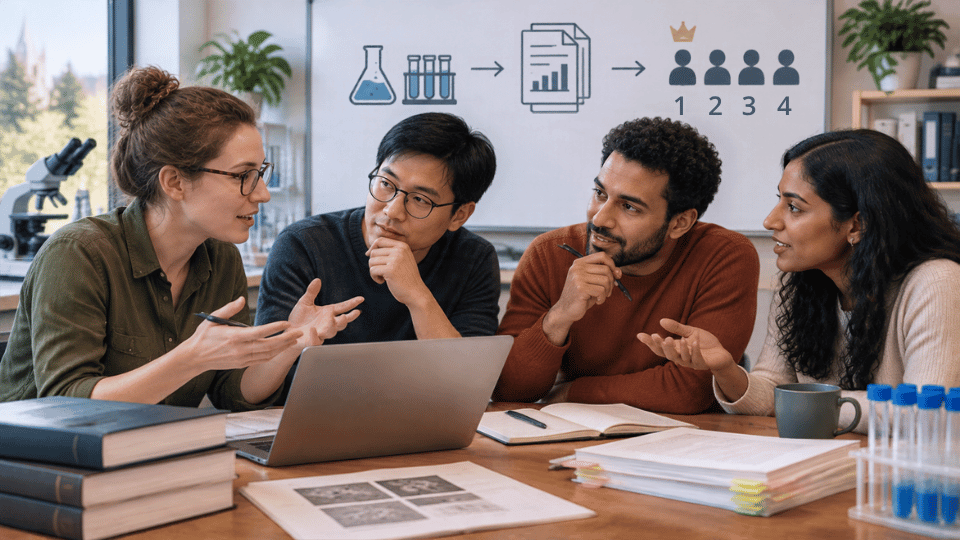 A research team having a serious but calm discussion around a table. A whiteboard behind them shows a workflow from lab work to a published paper, leading to a ranking of authors 1 through 4, with a crown above the first author.