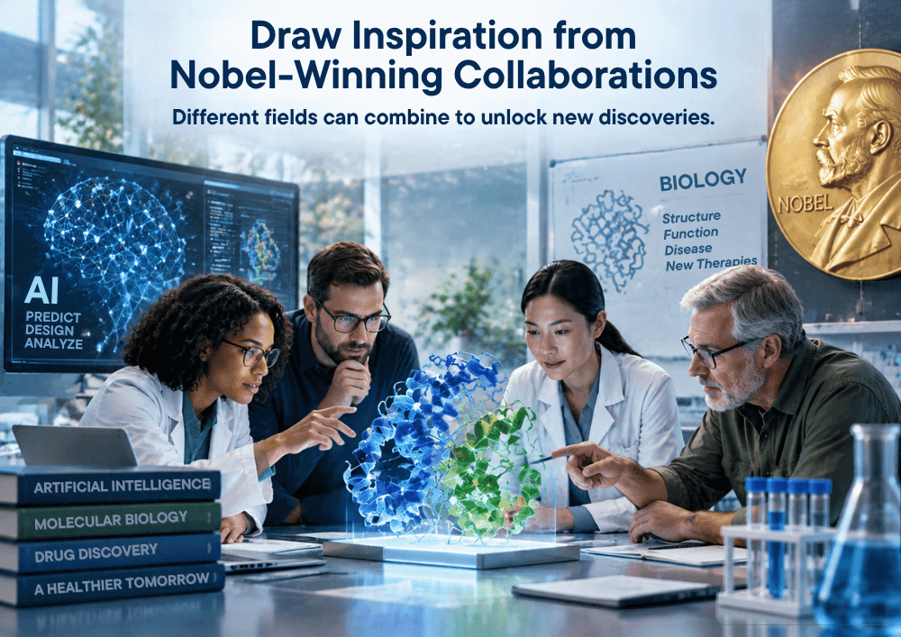 A team of scientists analyzing a glowing 3D hologram of a protein structure with a Nobel Prize medal superimposed in the background. Stacked books read Artificial Intelligence and Molecular Biology.