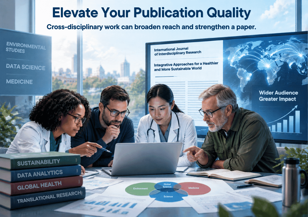 A group of researchers analyzing a digital screen that displays a high-impact interdisciplinary journal article and a bar graph showing increased global reach and audience impact.