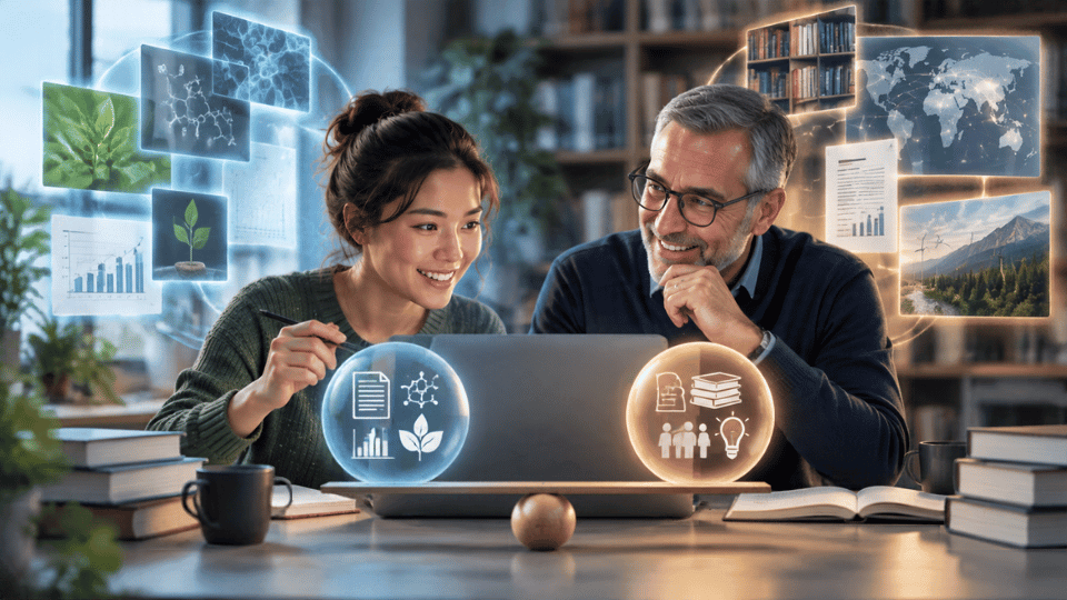 A young female researcher and a senior male academic happily collaborating at a laptop. A glowing, balanced digital scale sits beneath the laptop, symbolizing equal contributions. Surrounding them are floating holograms of scientific data and global connections.