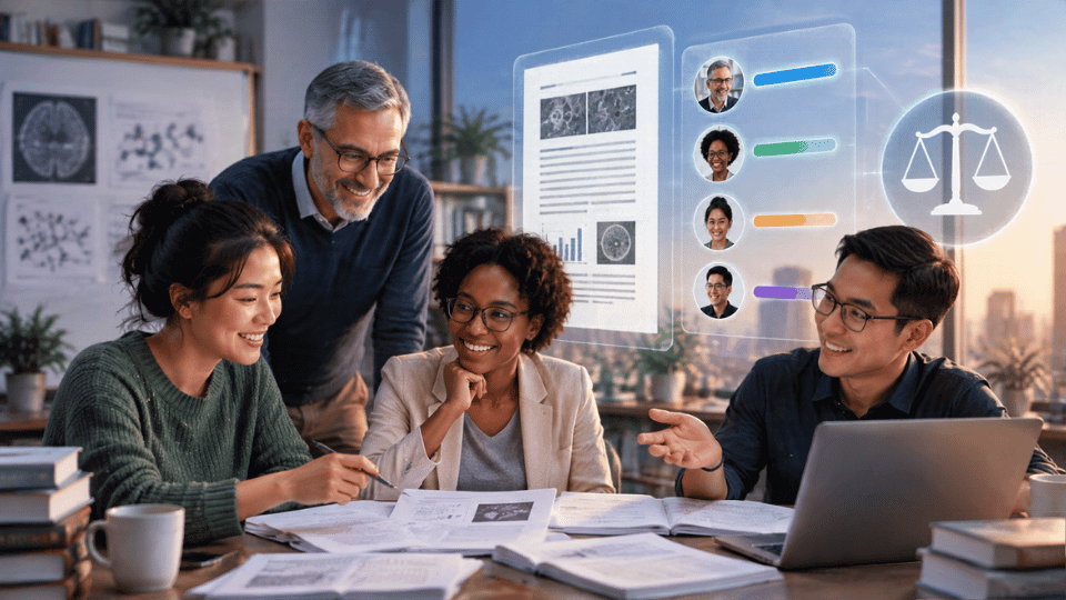 A diverse team of four researchers, including a senior academic, discussing a manuscript around a table. Digital holograms above the laptop display the manuscript, author profiles with assigned credit bars, and a prominent glowing scale of justice.