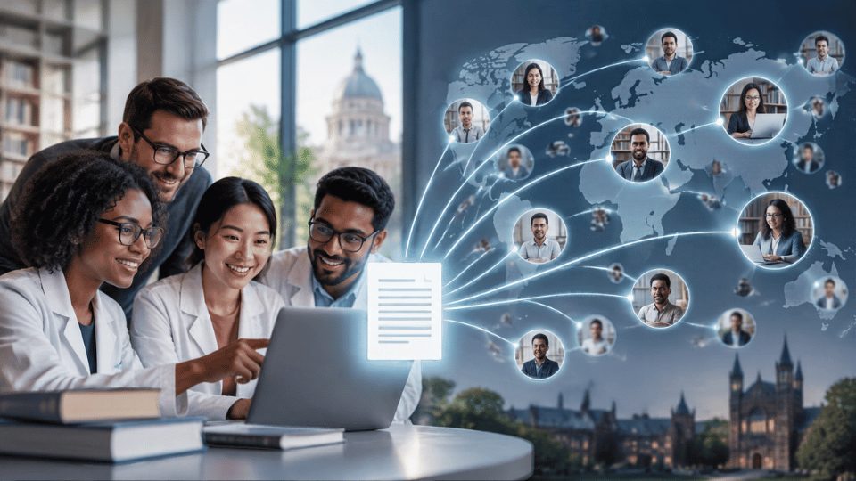 A team of diverse researchers smiling as they look at a laptop screen. A glowing digital document emerges from the screen, with digital lines connecting it to numerous profile pictures of researchers scattered across a world map.