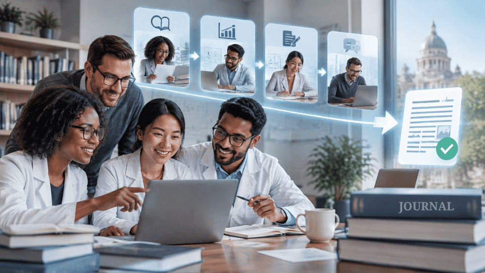 A diverse research team working together. Above them, a digital workflow shows icons representing reading, data analysis, writing, and peer review flowing sequentially into a final, approved journal manuscript.