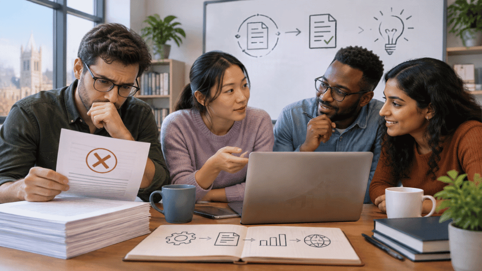 A research team looking at a document marked with a large red 'X' denoting a peer review rejection, but their expressions are focused and positive. A whiteboard behind them shows a rejected paper transforming into an approved paper, which then leads to a glowing lightbulb.