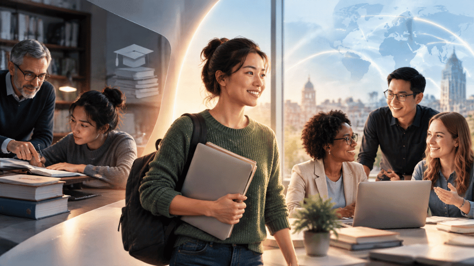 A young female researcher, holding a notebook, steps confidently from a dim library setting on the left—where students and a professor study—into a bright, modern office on the right, joining a group of smiling, professional peers.