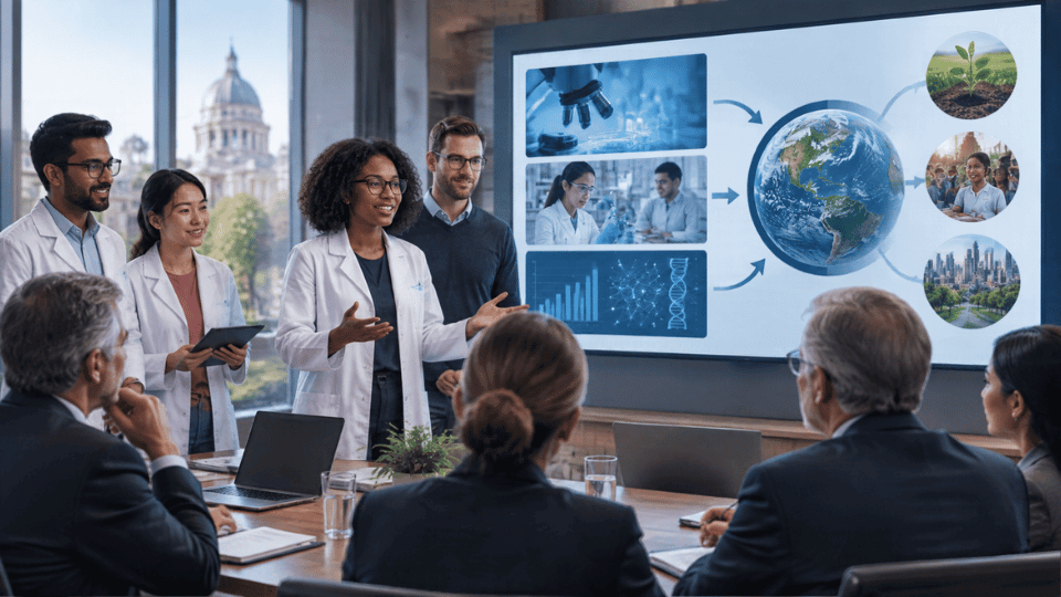 A female researcher presenting to a review committee in a boardroom. The presentation screen displays diverse scientific research images funneling into a globe, highlighting the broad impact of collaborative research on global issues.