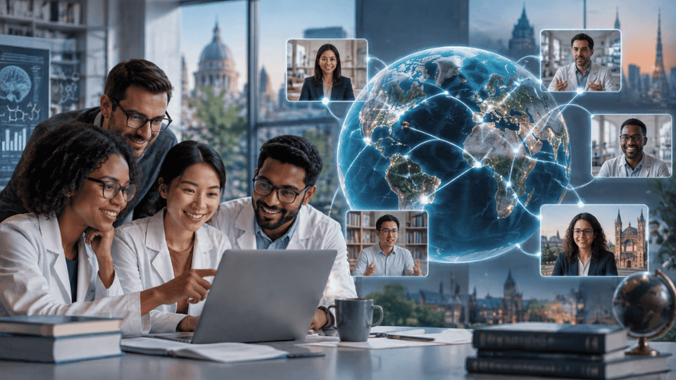 A group of researchers in an office smiling at a laptop. A large, glowing digital globe floats nearby, connected to video-call screens showing diverse, international scholars collaborating from different locations.