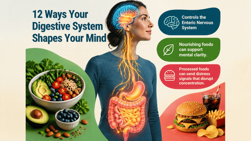 An infographic titled "12 Ways Your Digestive System Shapes Your Mind". It shows a woman with a glowing illustration of her brain, nervous system, and digestive tract superimposed on her body. To her left are healthy foods like a salad bowl, avocado, and blueberries; to her right are unhealthy foods like a burger, fries, and a soda. Three text bubbles list connections: "Controls the Enteric Nervous System," "Nourishing foods can support mental clarity," and "Processed foods can send distress signals that disrupt concentration.".