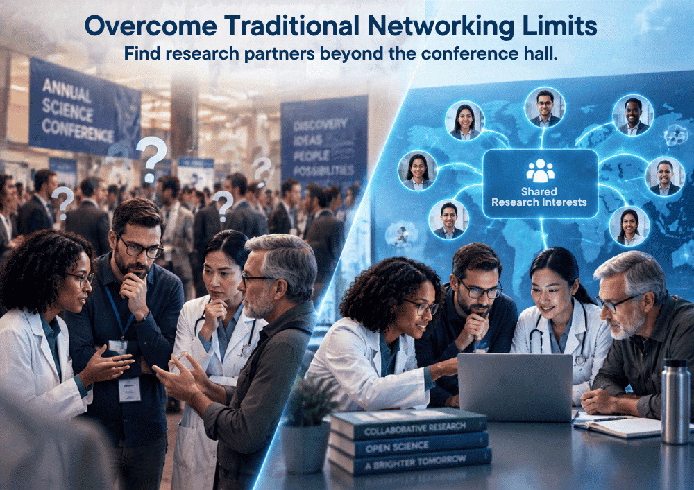 A split-screen image comparing the confusion of traditional networking—showing researchers looking lost at a crowded science conference—with the efficiency of a digital platform connecting global researchers through shared interests.