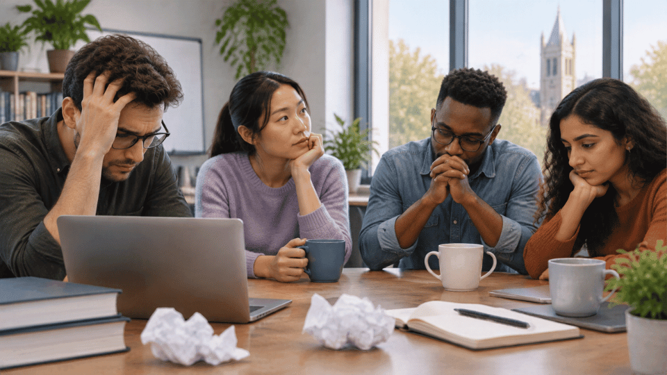 Four diverse researchers sitting around a table looking disappointed and stressed, with one man holding his head in his hands, staring at a laptop amid crumpled papers.