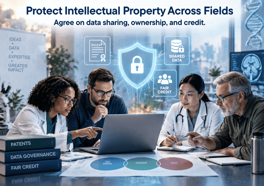 A research team working on a laptop surrounded by digital security graphics, including a padlock shield, a patent document, and icons emphasizing shared data and fair credit across fields.