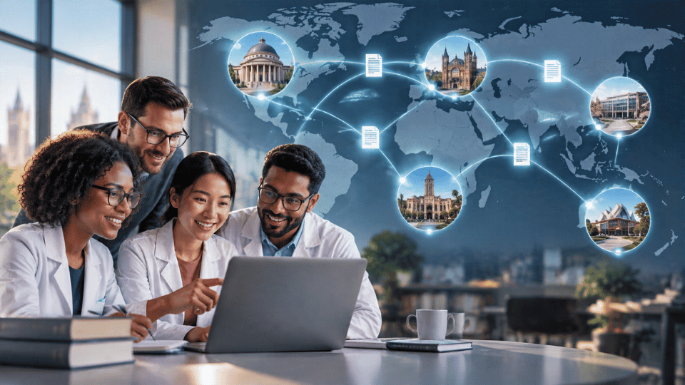 Four researchers working at a laptop. A stylized world map behind them shows glowing digital documents connecting to prominent university buildings across different continents.