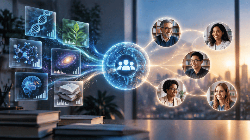 A glowing digital sphere containing a team icon sits in the center. On the left, various digital panels showing scientific data funnel into the sphere. On the right, the sphere connects via glowing lines to five diverse profile images of researchers.