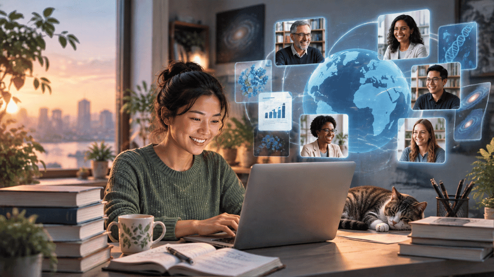 A young researcher working happily on a laptop at a home desk, with a cat resting nearby. Glowing digital screens float from her laptop, displaying scientific data and live video connections to diverse global experts around a glowing earth.