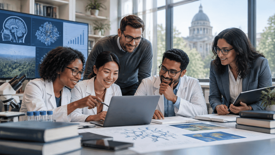 A team of five diverse researchers actively collaborating over a laptop, with scientific charts and brain scans visible on a large monitor in the background. They are surrounded by textbooks and data printouts.