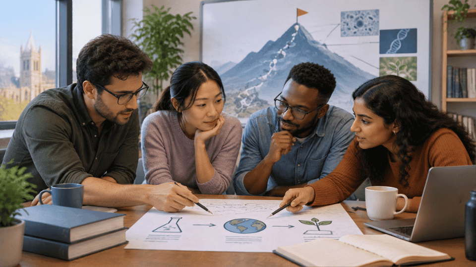 A team of four researchers leaning over a table, actively discussing a large paper blueprint showing scientific icons pointing toward a globe. A whiteboard behind them displays a mountain peak with a flag, symbolizing their shared goal.